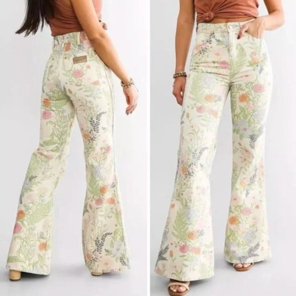 Wrangler Floral High-Rise Wide Leg Jeans in Cream with Pastel Print